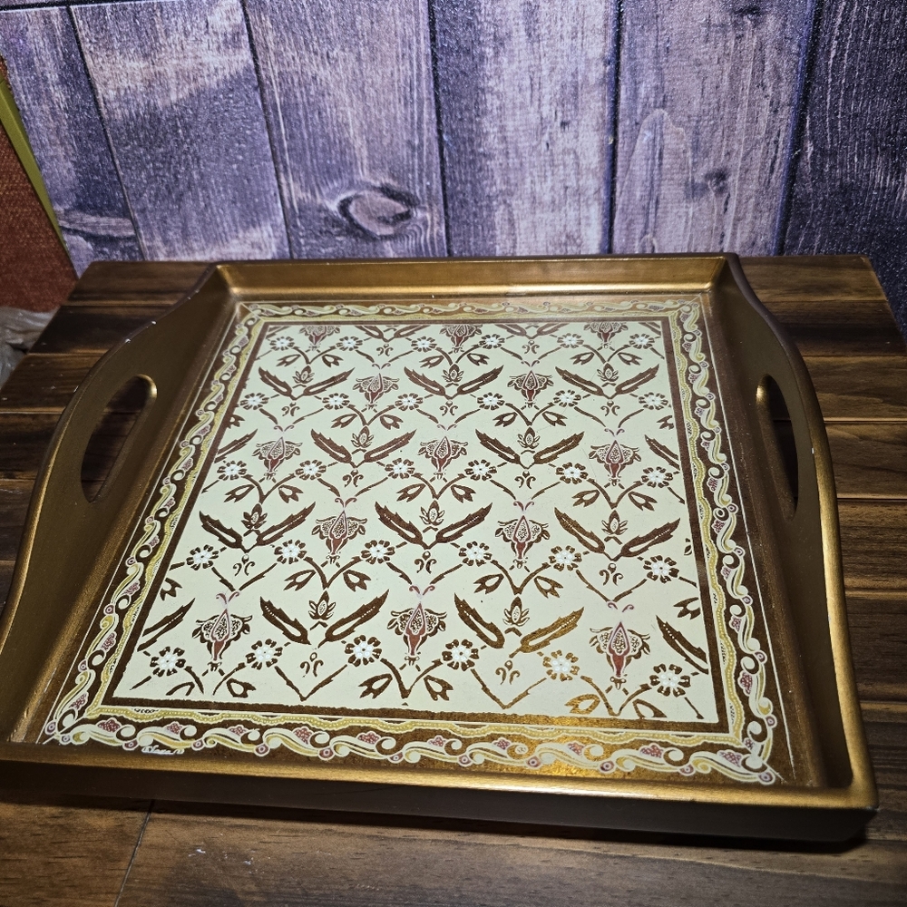 Badash Handcrafted Eglomisé Glass Tray – Gold Floral, Handmade in Peru